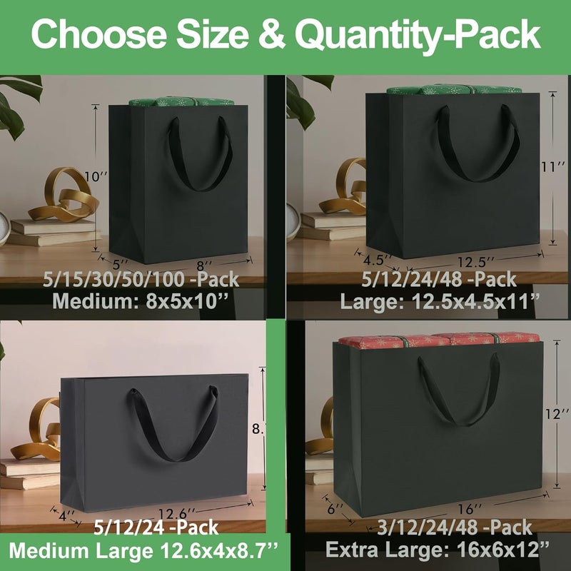 MOXARYSU Medium Large Black Gift Bags: 12.6x4x8.7 Inch 5pcs Black Paper Bags Bulk For Party Shopping Birthday Wedding (ML,5) - Image 2